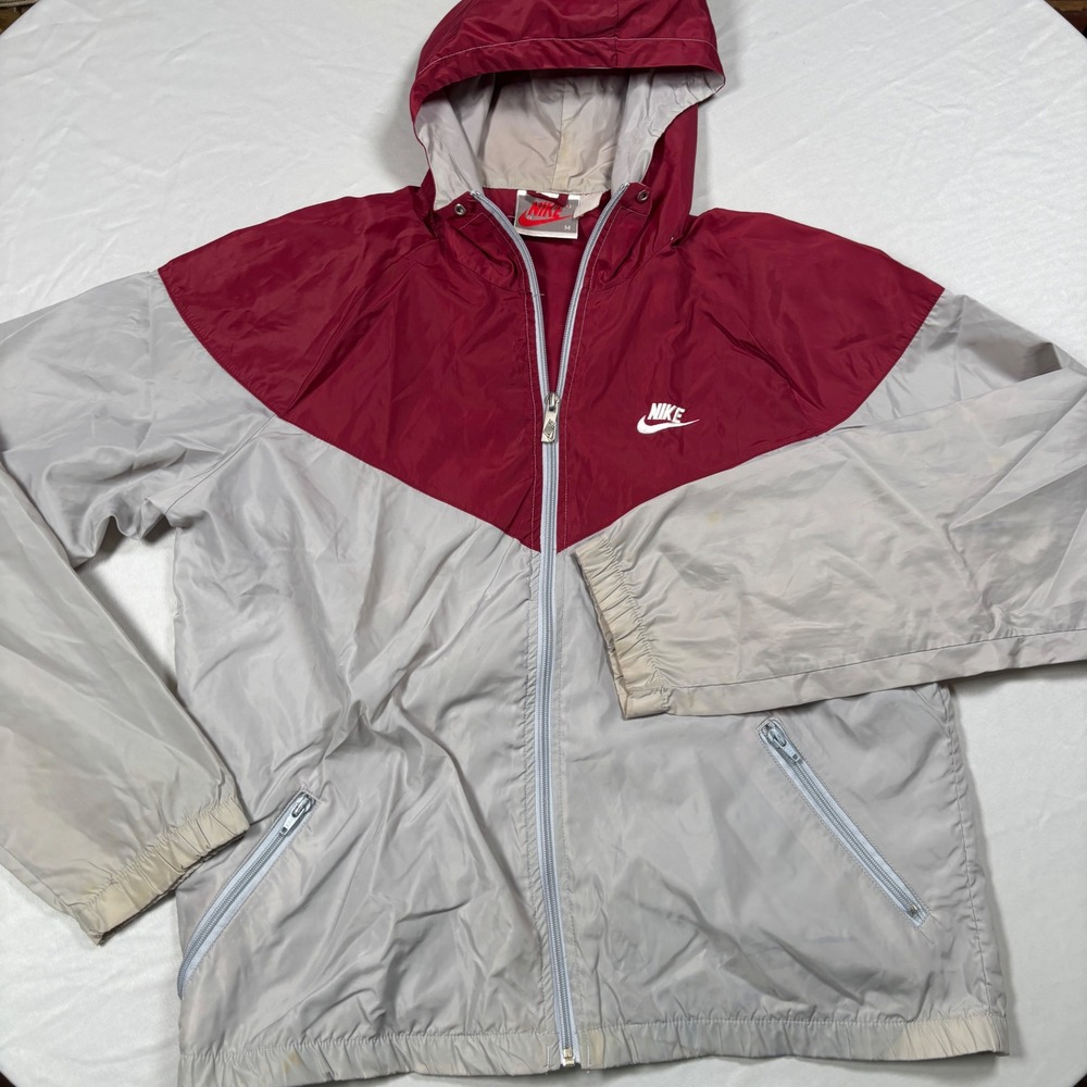 90's Nike Windbreaker Mens Medium Red Grey Vintage Colorblock Hooded Jacket - Picture 2 of 12